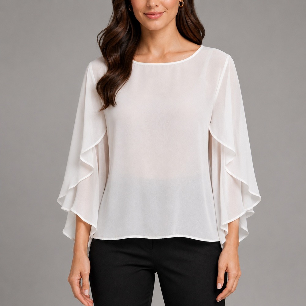Shein Curve Blouse Womans 1XL White Ruffle Layered Sleeve Chiffon Blouse Top